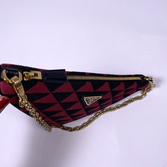 PRADA Red/Black Embroidered Triangle Jacquard Fabric Mini Bag - Picture 5 of 7